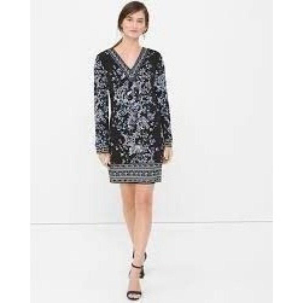 White House Black Market Black and Blue Printed V-Neck Long Sleeve Dress XXS NWT